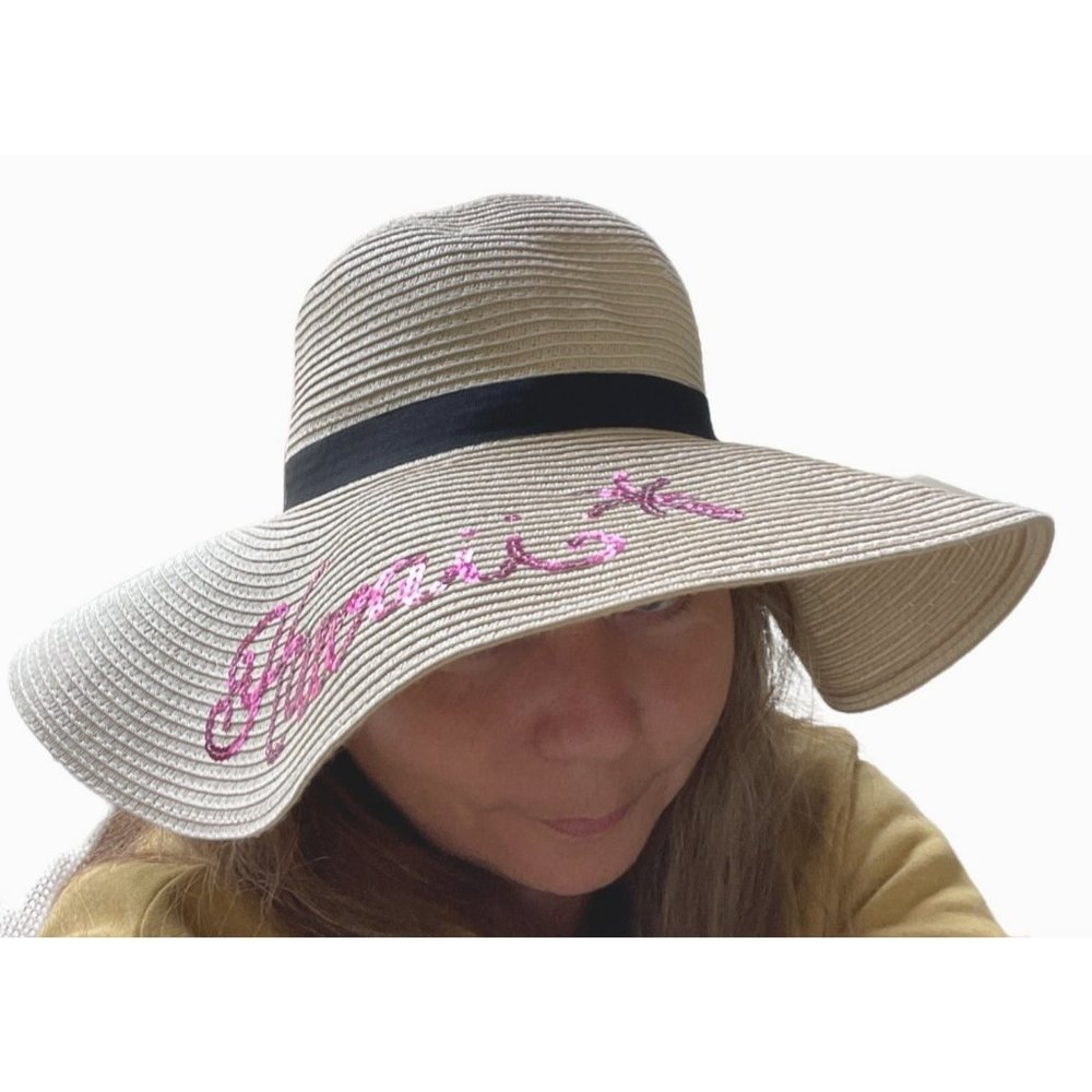 Surfwear Hawaiian Straw Sun Hat Classic Beach Hat Pink Sequins Women's Regular O - Picture 9 of 10